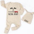 Personalized Racing Buddy Baby Romper & Hat Set with Checkered Flags, Soft Cotton Newborn Outfit for Photos, Gifts, and Milestone Moments