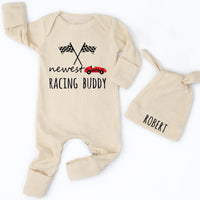 Personalized Racing Buddy Baby Romper & Hat Set with Checkered Flags, Soft Cotton Newborn Outfit for Photos, Gifts, and Milestone Moments