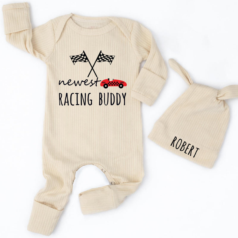Personalized Racing Buddy Baby Romper & Hat Set with Checkered Flags, Soft Cotton Newborn Outfit for Photos, Gifts, and Milestone Moments