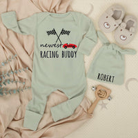 Personalized Racing Buddy Baby Romper & Hat Set with Checkered Flags, Soft Cotton Newborn Outfit for Photos, Gifts, and Milestone Moments