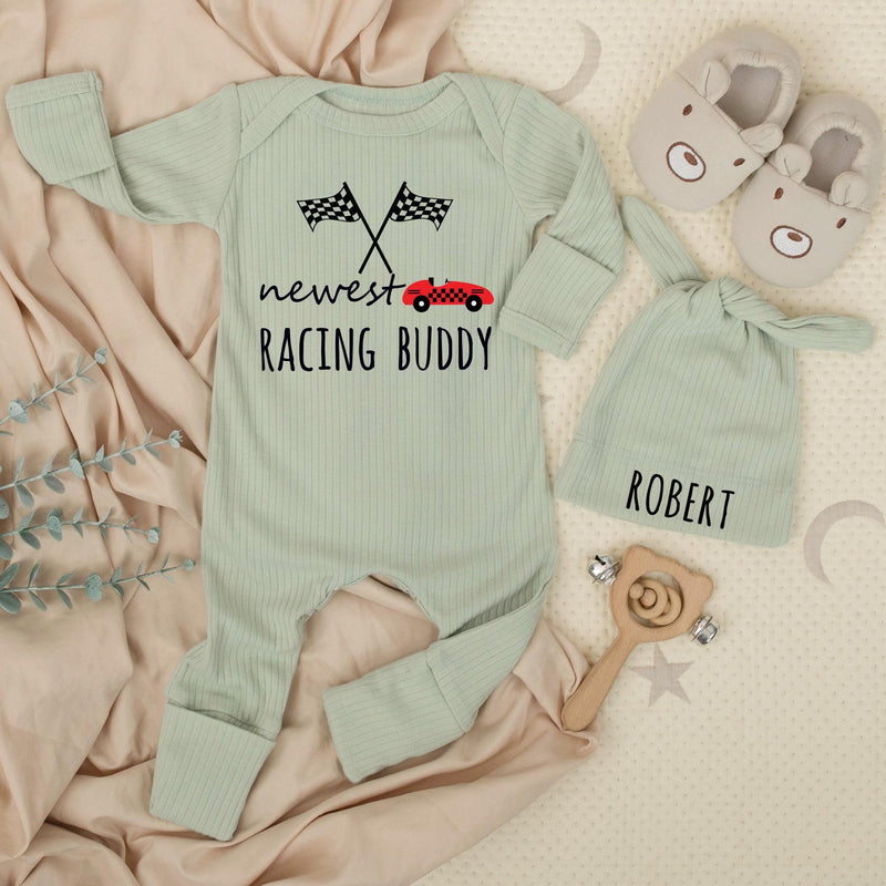 Personalized Racing Buddy Baby Romper & Hat Set with Checkered Flags, Soft Cotton Newborn Outfit for Photos, Gifts, and Milestone Moments