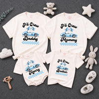 Personalized Racing Pit Crew Family Matching Shirts, Custom Name Baby Romper, Soft Cotton Birthday Outfit for Mommy, Daddy, Kids, Toddler
