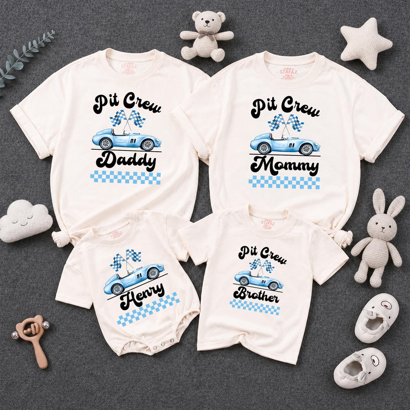 Personalized Racing Pit Crew Family Matching Shirts, Custom Name Baby Romper, Soft Cotton Birthday Outfit for Mommy, Daddy, Kids, Toddler