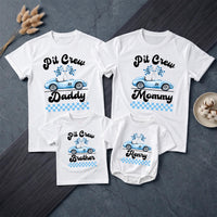 Personalized Racing Pit Crew Family Matching Shirts, Custom Name Baby Romper, Soft Cotton Birthday Outfit for Mommy, Daddy, Kids, Toddler