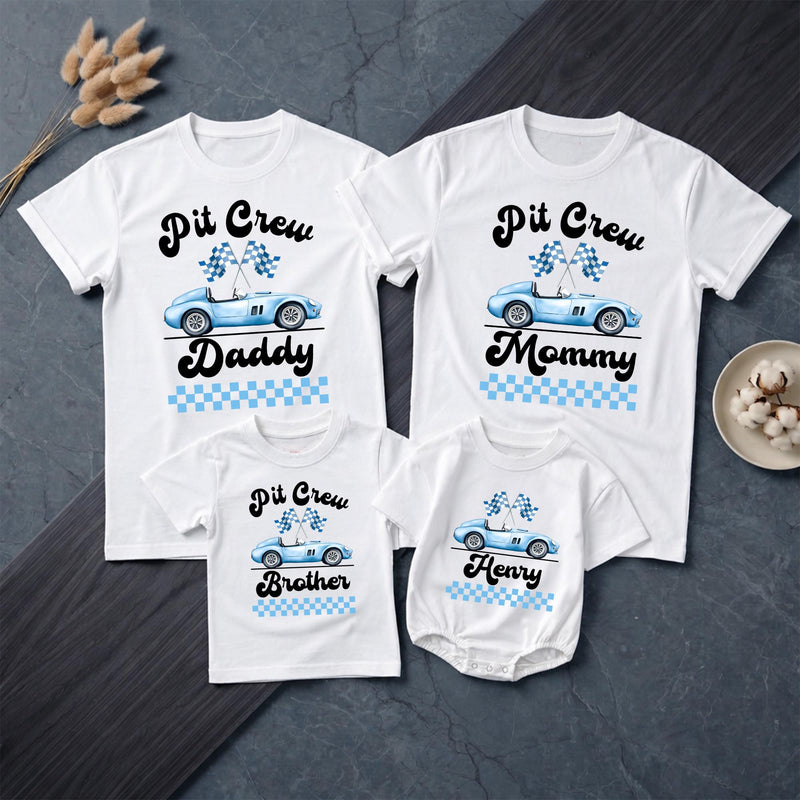 Personalized Racing Pit Crew Family Matching Shirts, Custom Name Baby Romper, Soft Cotton Birthday Outfit for Mommy, Daddy, Kids, Toddler