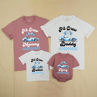 Personalized Racing Pit Crew Family Matching Shirts, Custom Name Baby Romper, Soft Cotton Birthday Outfit for Mommy, Daddy, Kids, Toddler