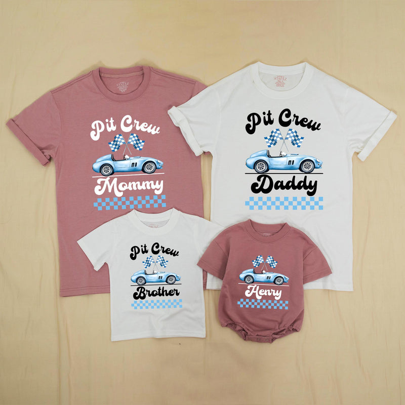 Personalized Racing Pit Crew Family Matching Shirts, Custom Name Baby Romper, Soft Cotton Birthday Outfit for Mommy, Daddy, Kids, Toddler