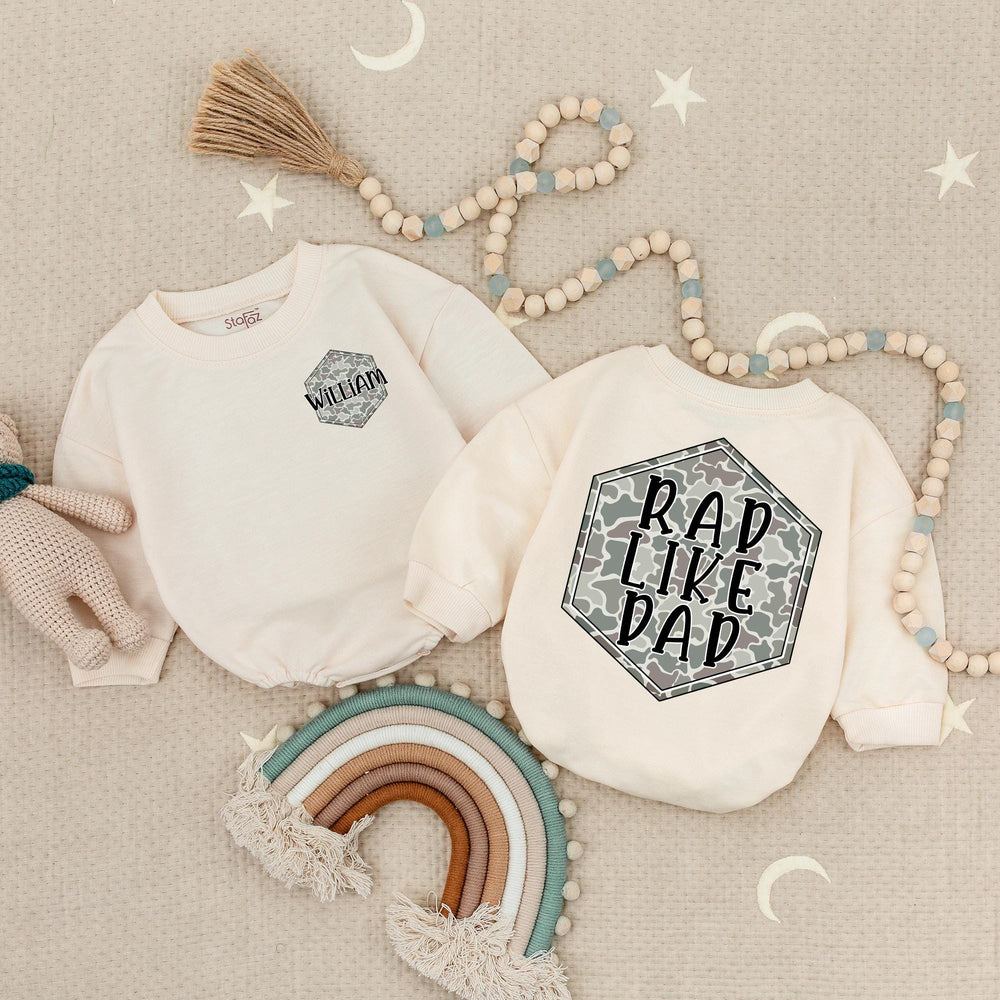 Personalized Rad Like Dad Baby Romper with Camo Hexagon Design, Custom Name Outfit, Funny Quote Cotton Infant Clothes for Boys or Girls