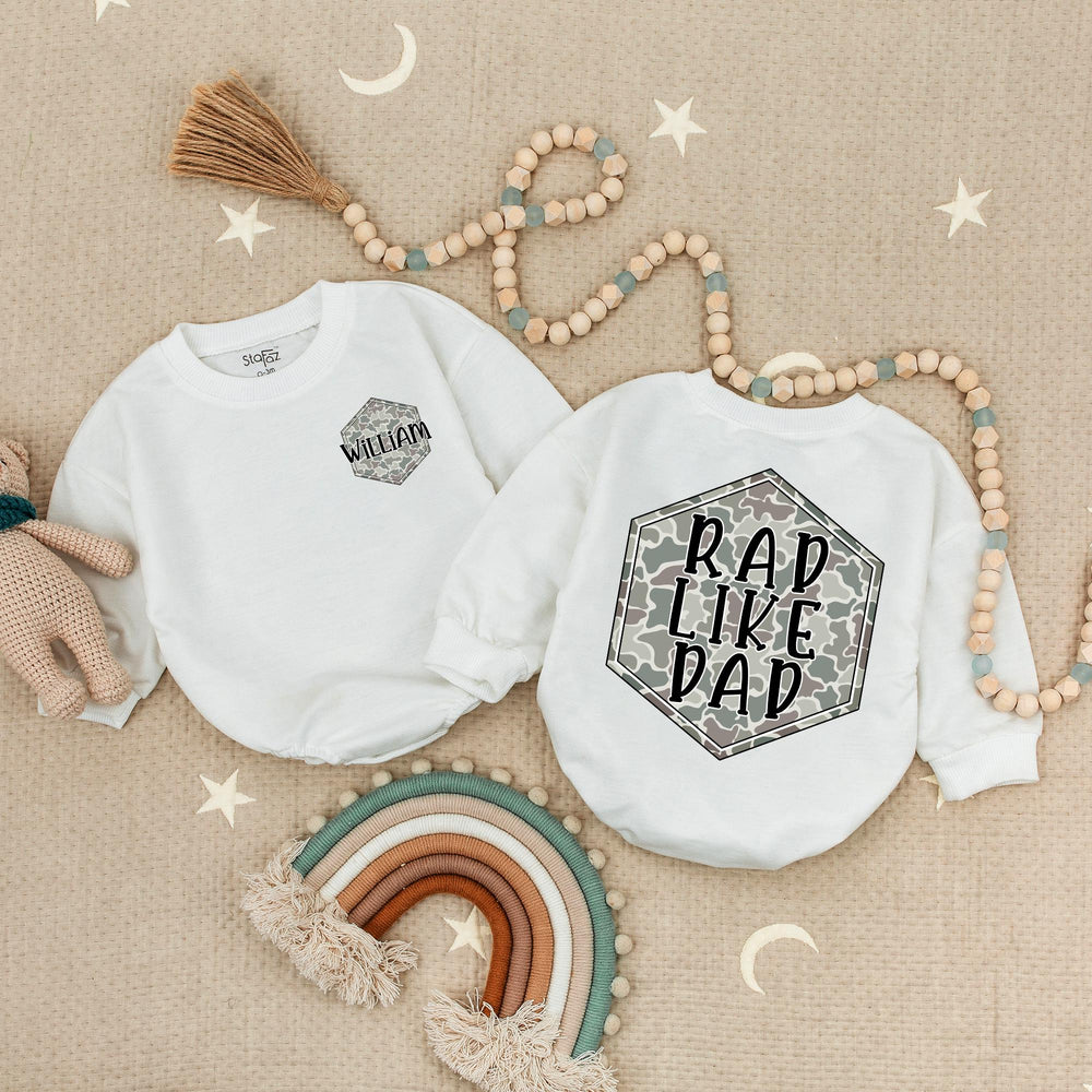 Personalized Rad Like Dad Baby Romper with Camo Hexagon Design, Custom Name Outfit, Funny Quote Cotton Infant Clothes for Boys or Girls