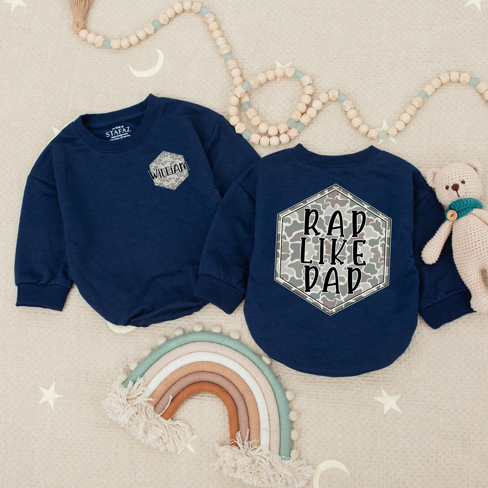 Personalized Rad Like Dad Baby Romper with Camo Hexagon Design, Custom Name Outfit, Funny Quote Cotton Infant Clothes for Boys or Girls
