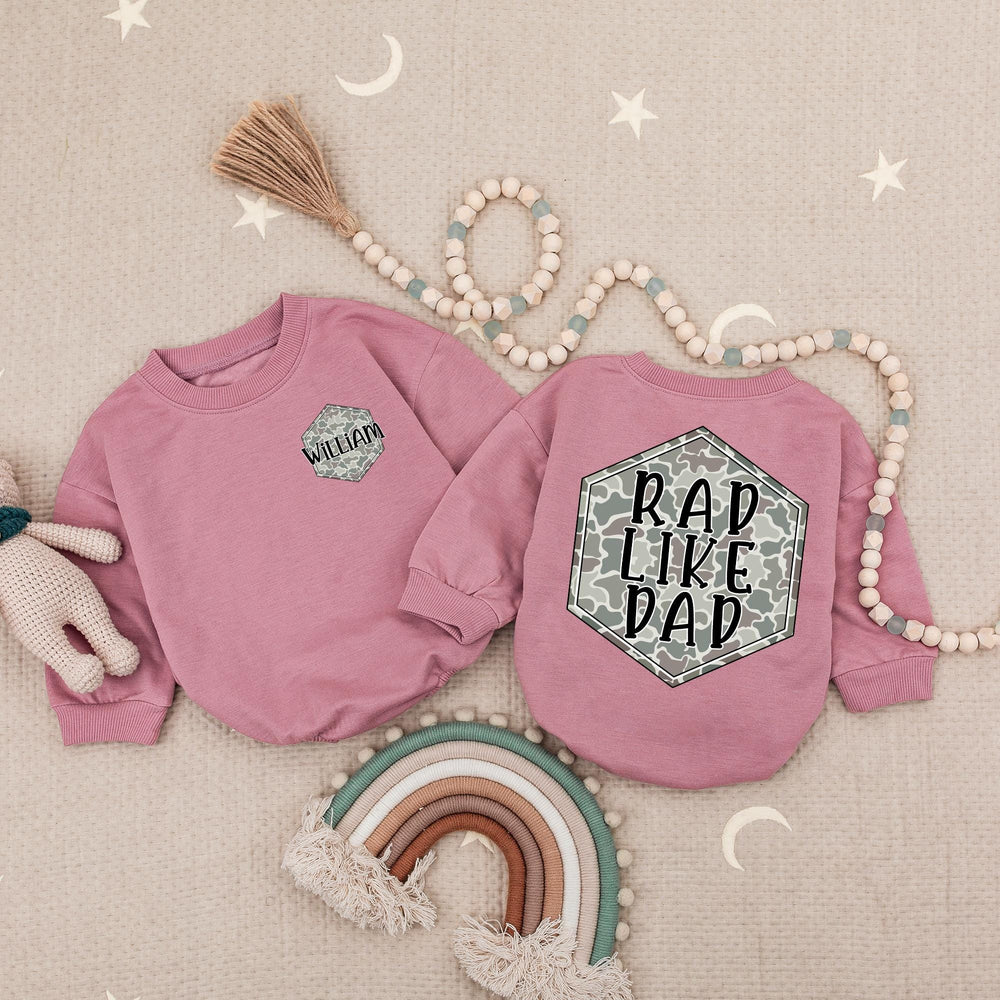 Personalized Rad Like Dad Baby Romper with Camo Hexagon Design, Custom Name Outfit, Funny Quote Cotton Infant Clothes for Boys or Girls