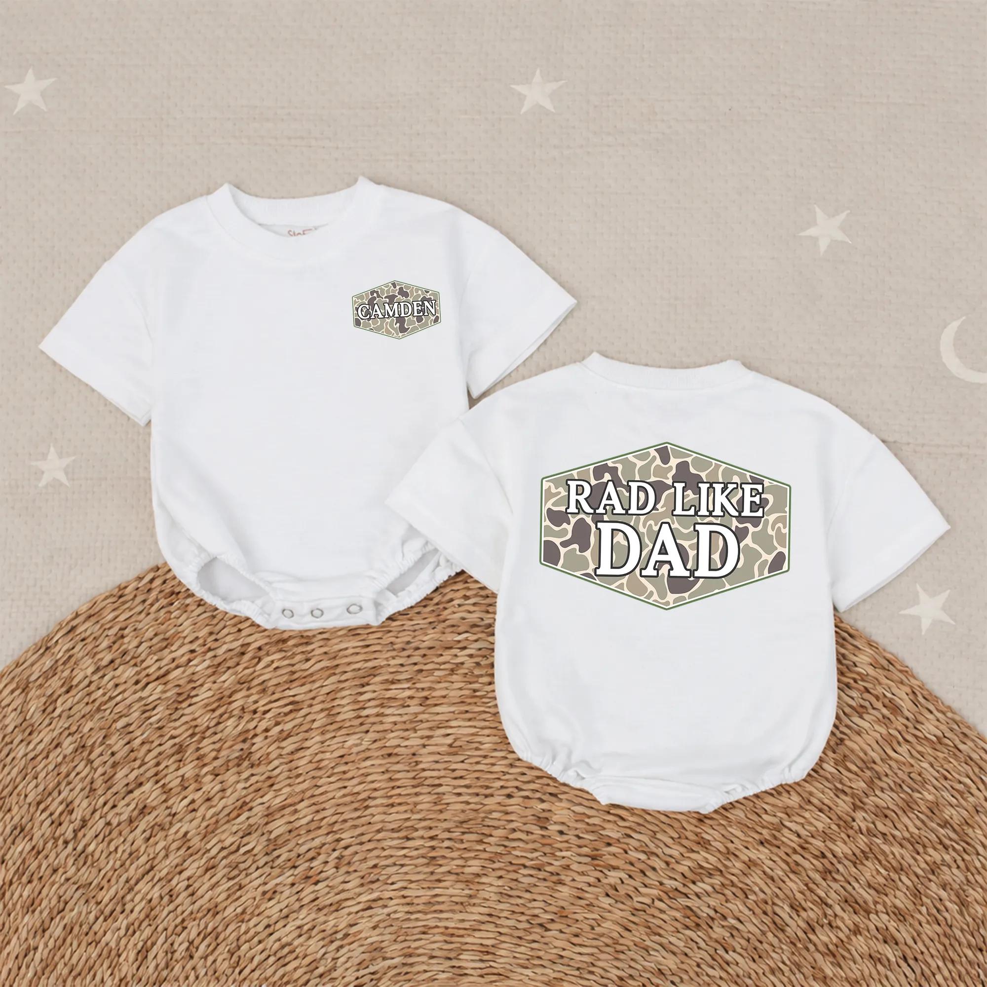 Personalized Rad Like Dad Camo Baby Romper with Name, Fathers Day Infant Outfit Gift, Custom Camouflage Bodysuit for Boys