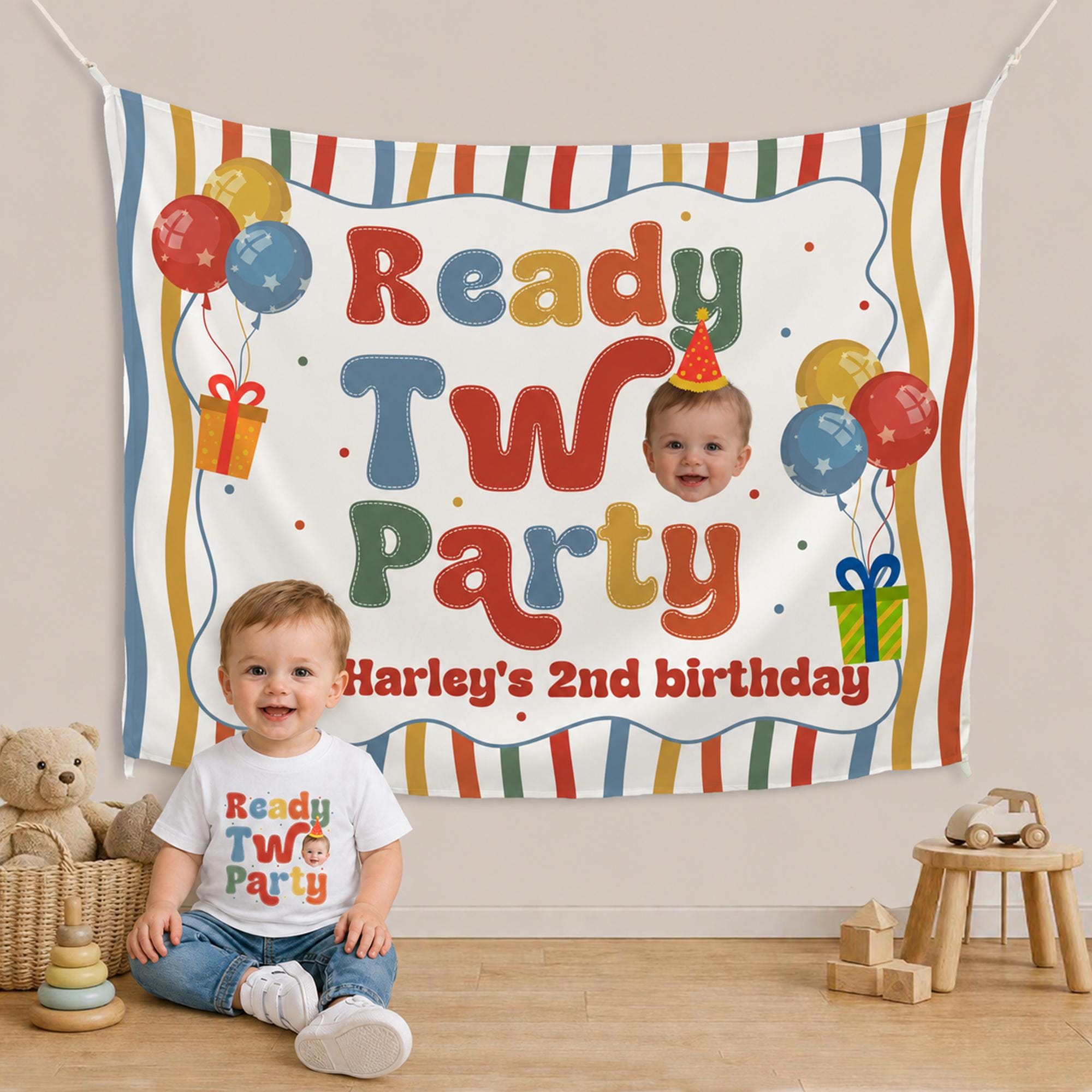 Personalized Ready Two Party Banner with Outfit for Toddler Second Birthday, Colorful Retro Design, Custom Name, Festive Backdrop Gift