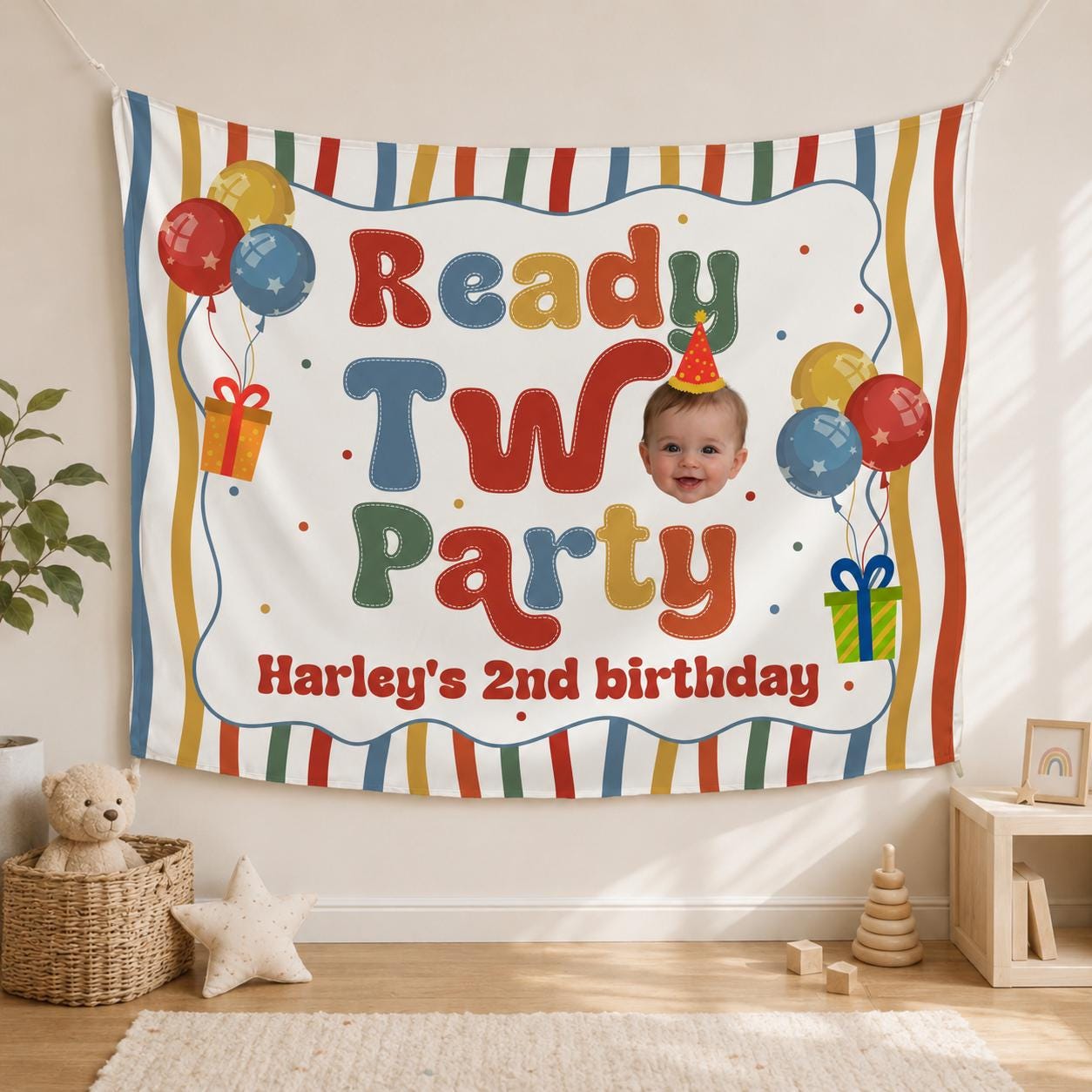 Personalized Ready Two Party Banner with Outfit for Toddler Second Birthday, Colorful Retro Design, Custom Name, Festive Backdrop Gift