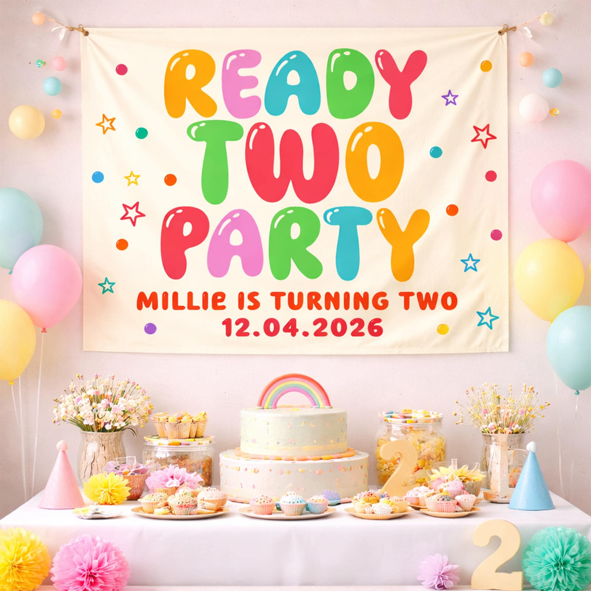 Personalized Ready Two Party Silk Banner for Toddler Girl 2nd Birthday, Custom Name and Date Backdrop with Stars Confetti Design