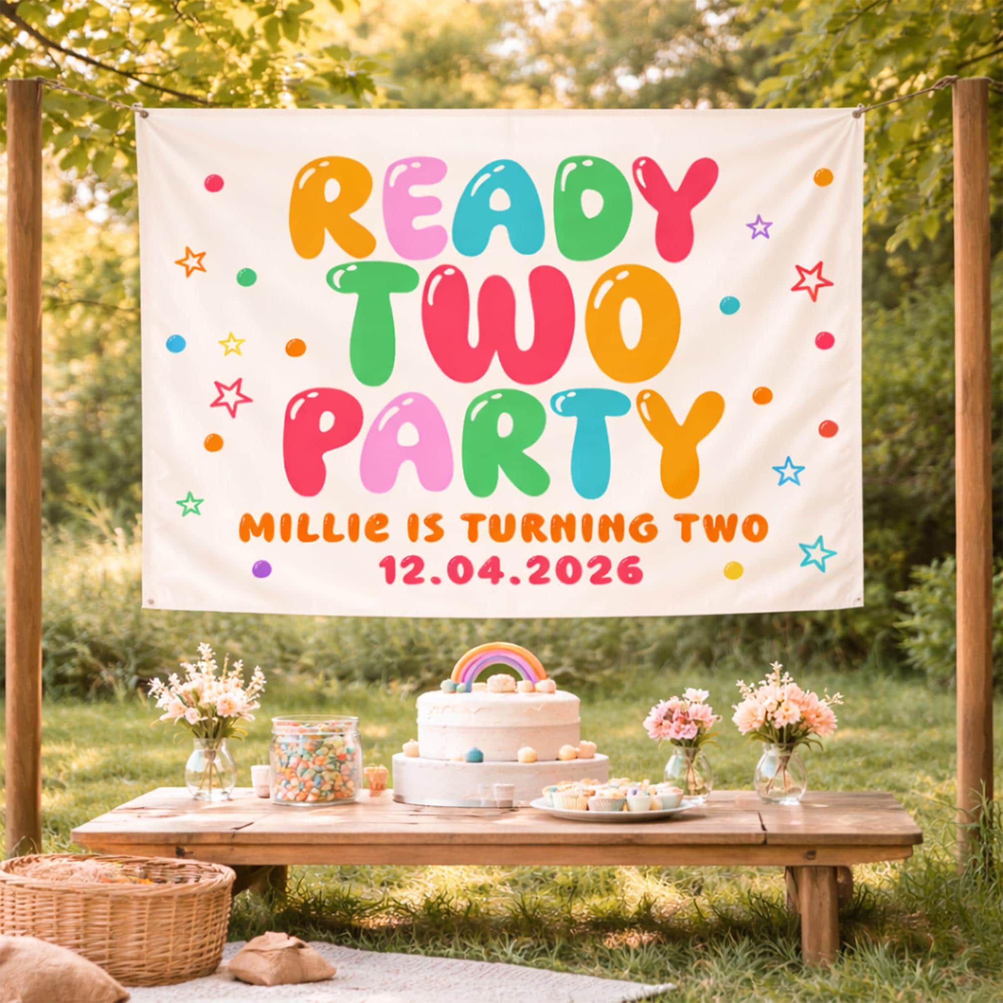 Personalized Ready Two Party Silk Banner for Toddler Girl 2nd Birthday, Custom Name and Date Backdrop with Stars Confetti Design
