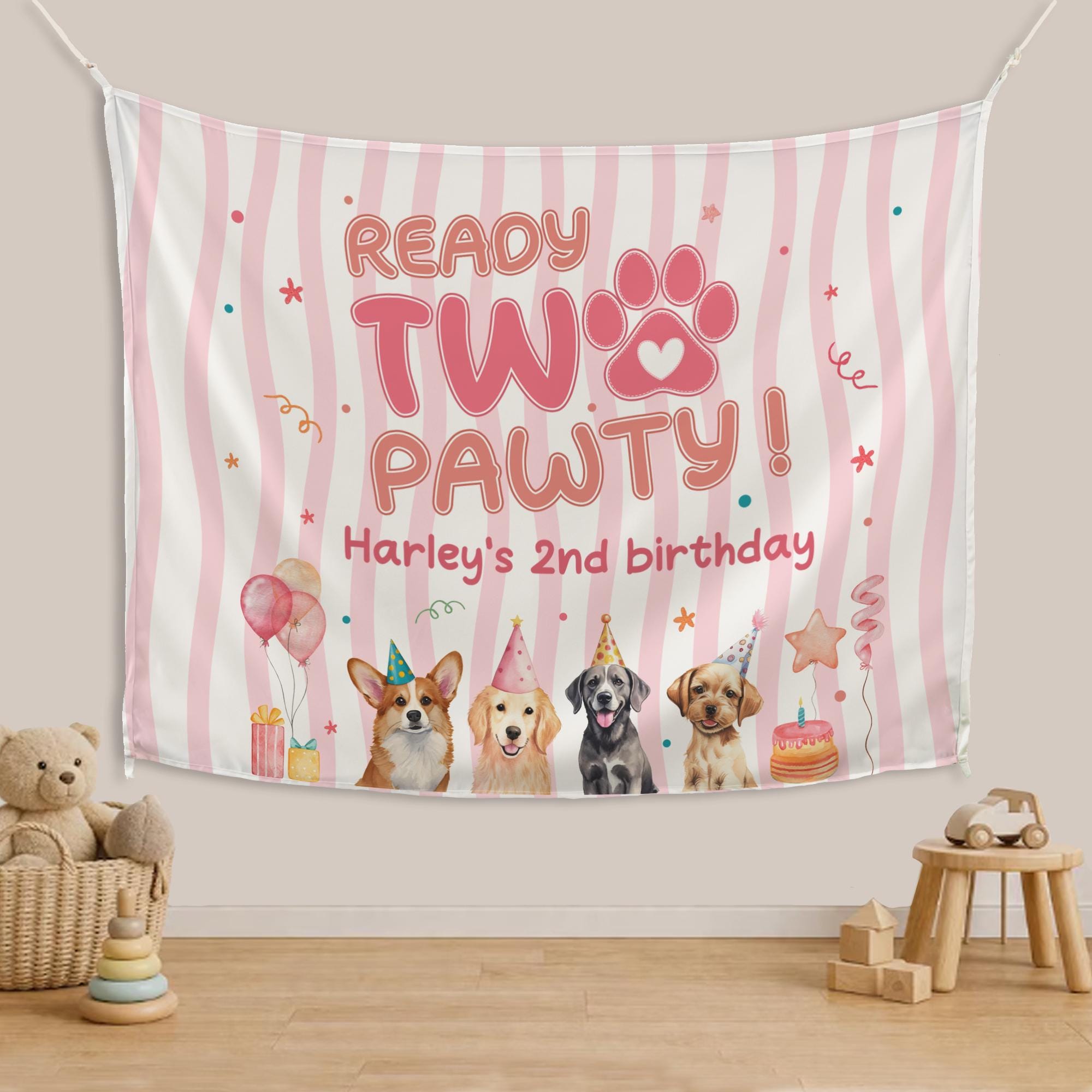 Personalized Ready Two Pawty Puppy Birthday Banner for Girls, Pink Striped Backdrop with Dogs, Confetti, Stars, and Custom Name Decor