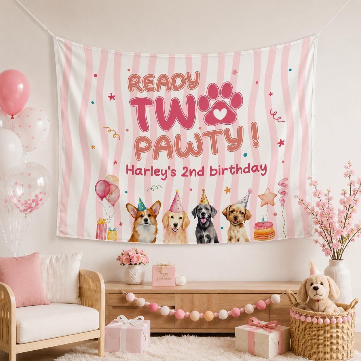 Personalized Ready Two Pawty Puppy Birthday Banner for Girls, Pink Striped Backdrop with Dogs, Confetti, Stars, and Custom Name Decor