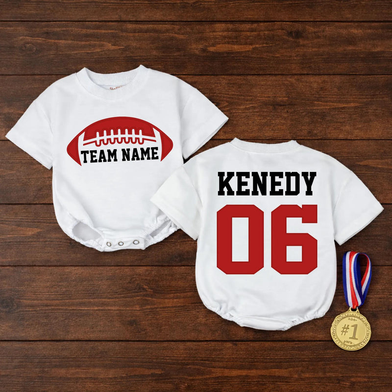 Personalized Red Football Bubble Romper for Baby or Toddler Team Name Outfit Custom Jersey Style Gameday Sports Birthday Gift Clothes