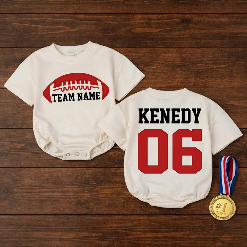 Personalized Red Football Bubble Romper for Baby or Toddler Team Name Outfit Custom Jersey Style Gameday Sports Birthday Gift Clothes