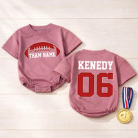 Personalized Red Football Bubble Romper for Baby or Toddler Team Name Outfit Custom Jersey Style Gameday Sports Birthday Gift Clothes