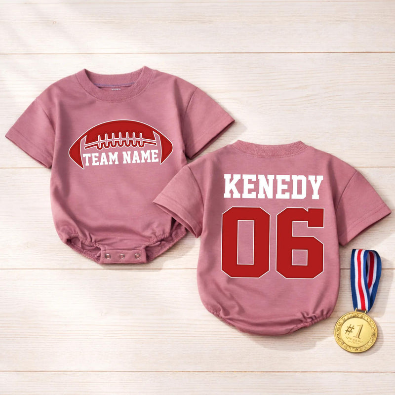Personalized Red Football Bubble Romper for Baby or Toddler Team Name Outfit Custom Jersey Style Gameday Sports Birthday Gift Clothes