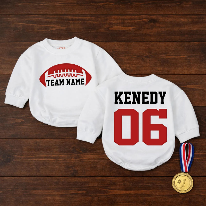 Personalized Red Football Bubble Romper for Baby or Toddler Team Name Outfit Custom Jersey Style Gameday Sports Birthday Gift Clothes