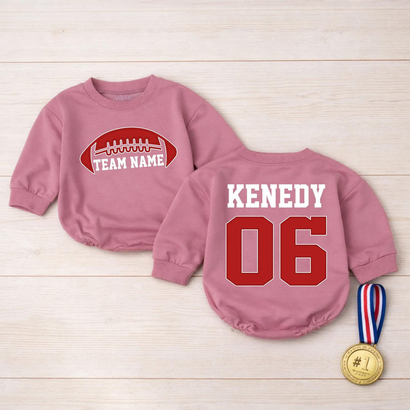 Personalized Red Football Bubble Romper for Baby or Toddler Team Name Outfit Custom Jersey Style Gameday Sports Birthday Gift Clothes