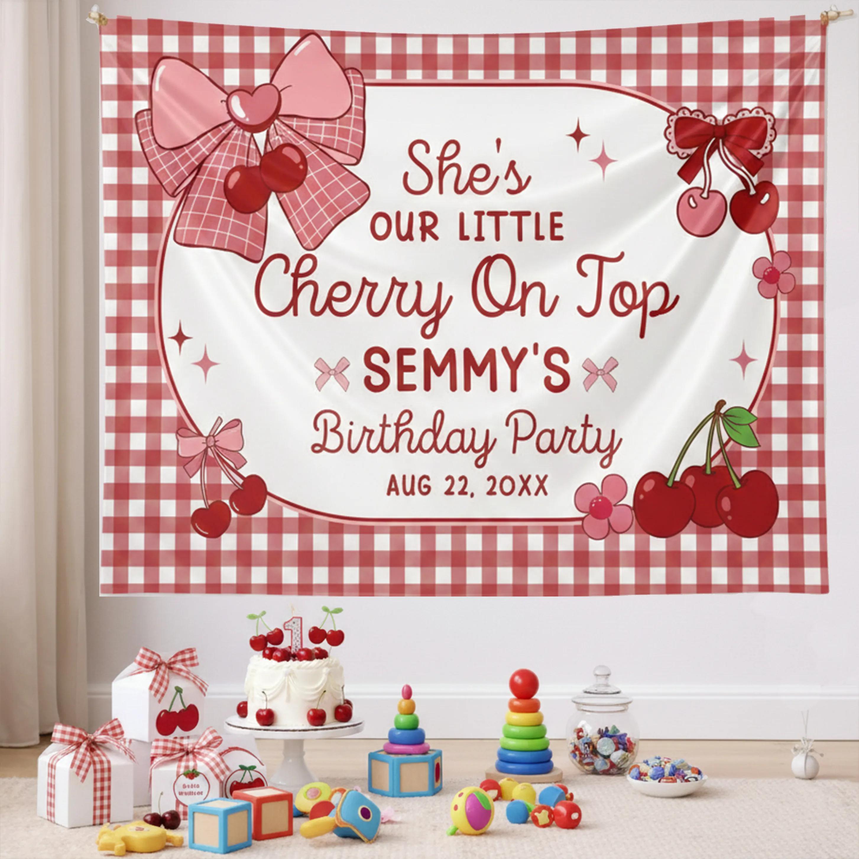 Personalized Red Gingham Birthday Banner with Cherry Design Custom Name Girl Party Backdrop Welcome Sign for Celebration Decorations