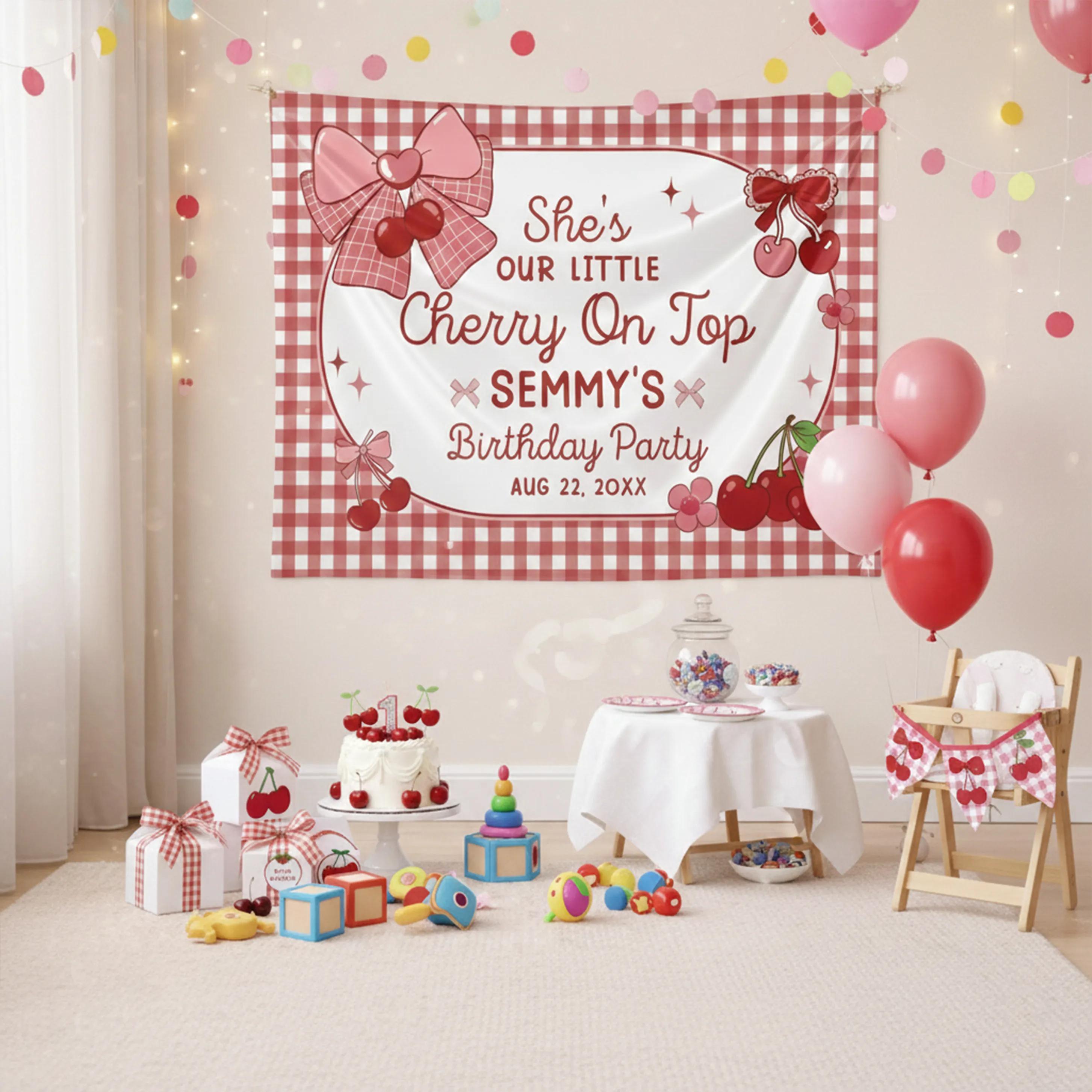 Personalized Red Gingham Birthday Banner with Cherry Design Custom Name Girl Party Backdrop Welcome Sign for Celebration Decorations
