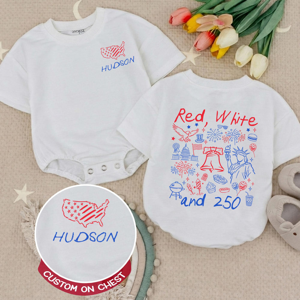 Personalized Red White and 250 Shirt for Kids with USA Outline and Name, Patriotic Baby Romper or Toddler Tee, Fourth of July Outfit