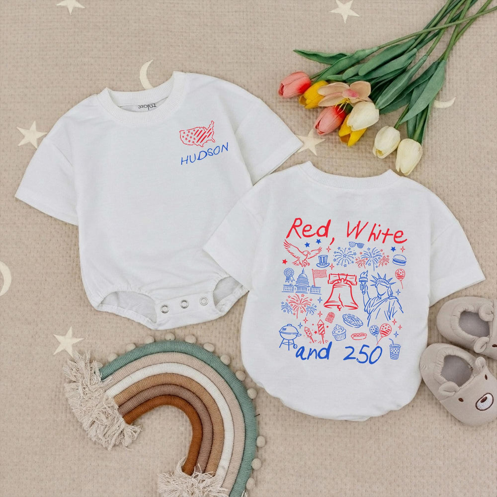 Personalized Red White and 250 Shirt for Kids with USA Outline and Name, Patriotic Baby Romper or Toddler Tee, Fourth of July Outfit