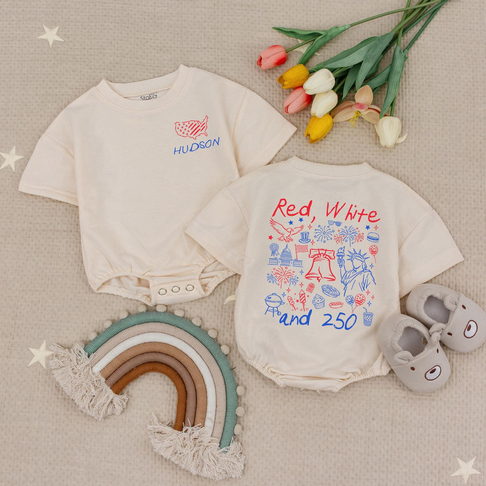 Personalized Red White and 250 Shirt for Kids with USA Outline and Name, Patriotic Baby Romper or Toddler Tee, Fourth of July Outfit