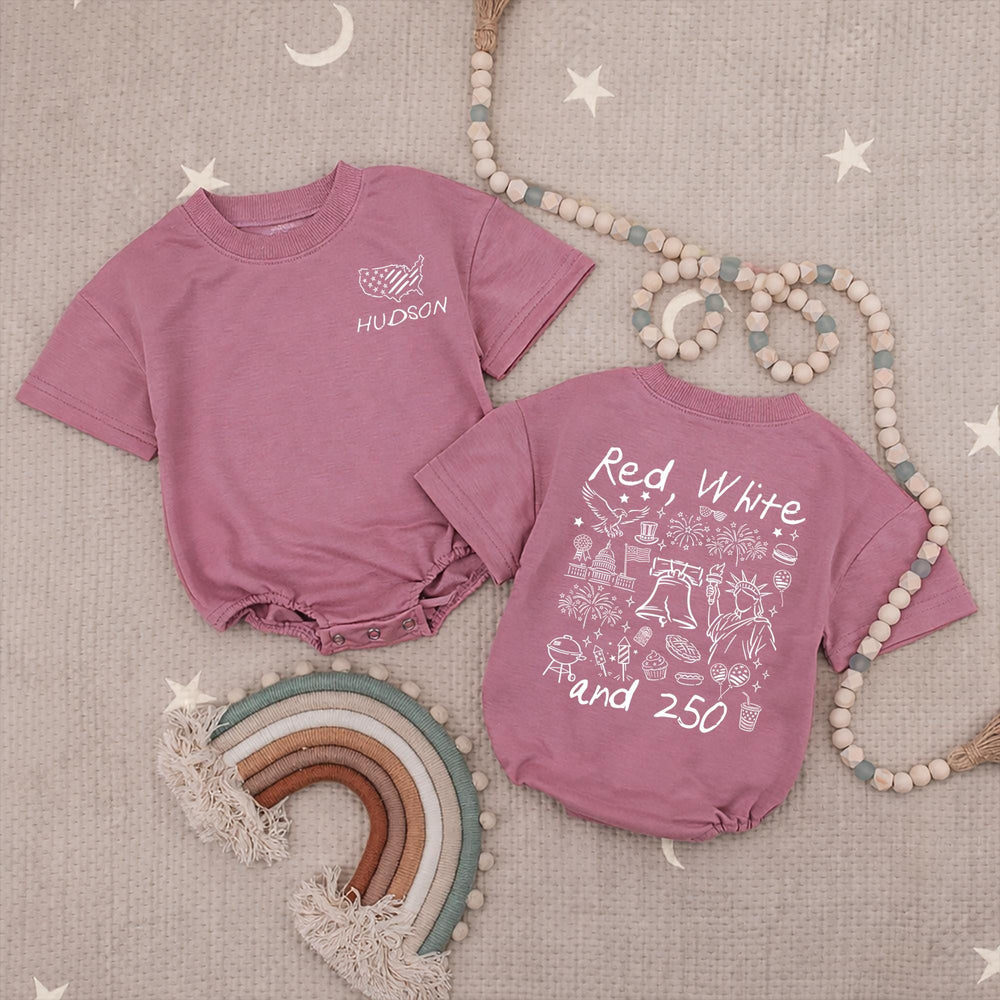 Personalized Red White and 250 Shirt for Kids with USA Outline and Name, Patriotic Baby Romper or Toddler Tee, Fourth of July Outfit