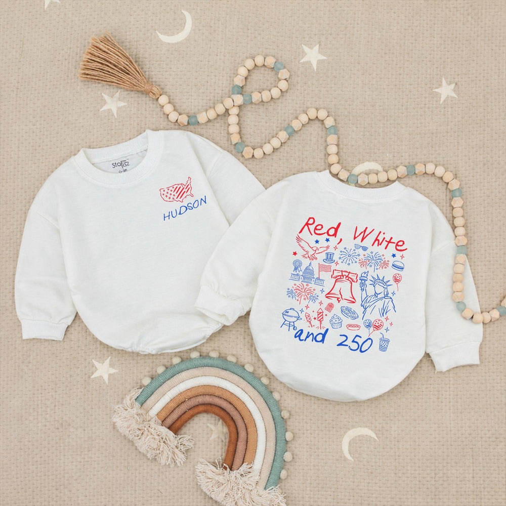 Personalized Red White and 250 Shirt for Kids with USA Outline and Name, Patriotic Baby Romper or Toddler Tee, Fourth of July Outfit