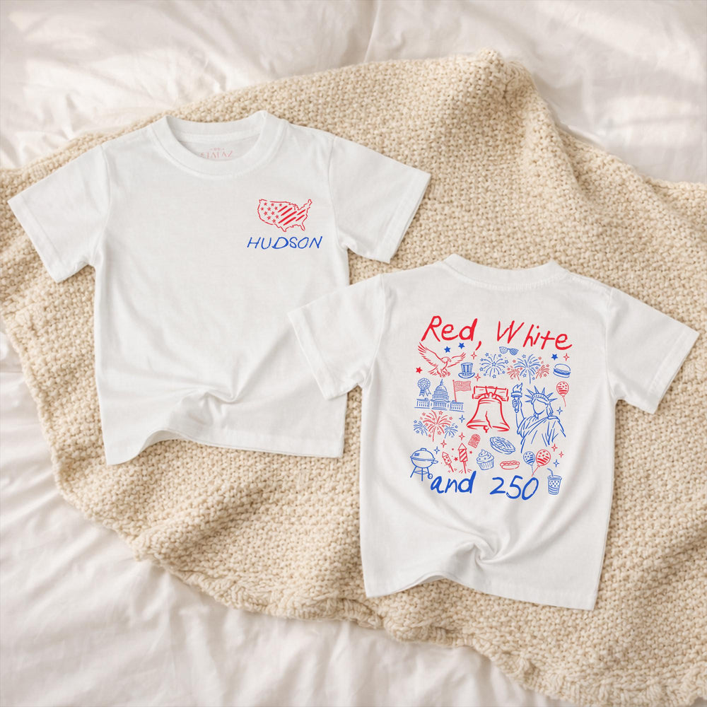 Personalized Red White and 250 Shirt for Kids with USA Outline and Name, Patriotic Baby Romper or Toddler Tee, Fourth of July Outfit