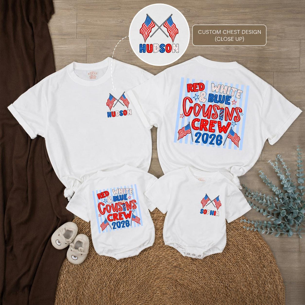 Personalized Red White and Blue Cousins Crew Shirt with American Flags Custom Name 4th of July Family Matching Tee USA Patriotic Outfit 2026