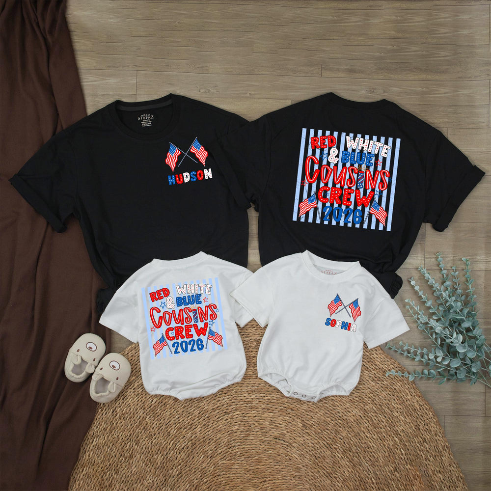 Personalized Red White and Blue Cousins Crew Shirt with American Flags Custom Name 4th of July Family Matching Tee USA Patriotic Outfit 2026