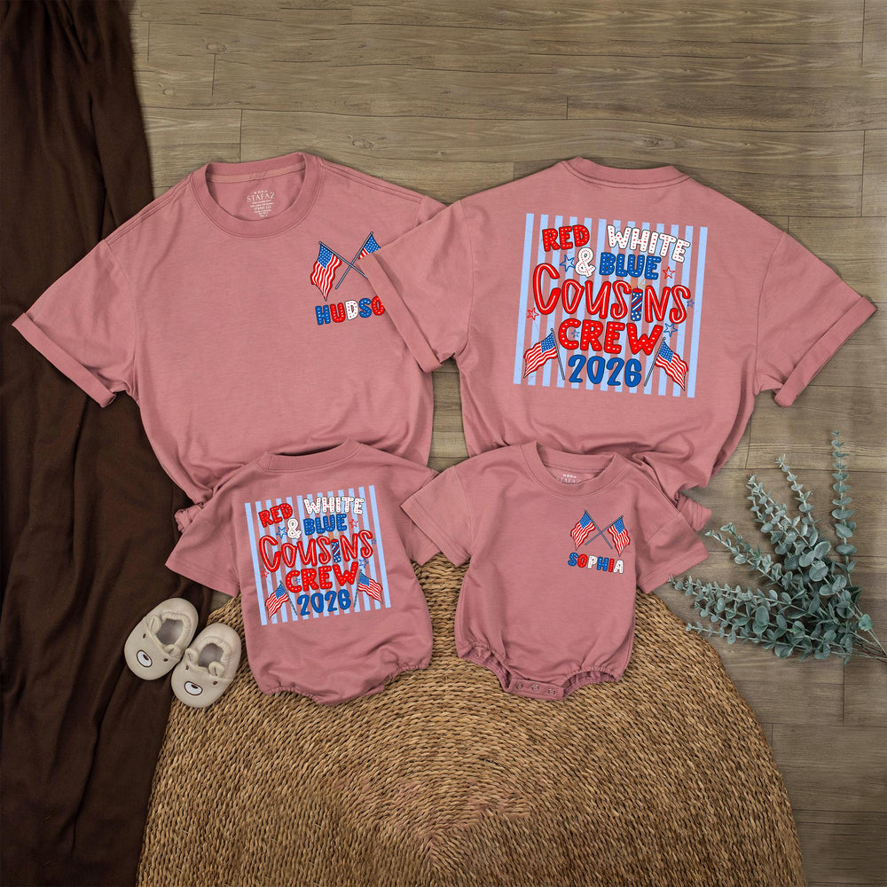 Personalized Red White and Blue Cousins Crew Shirt with American Flags Custom Name 4th of July Family Matching Tee USA Patriotic Outfit 2026