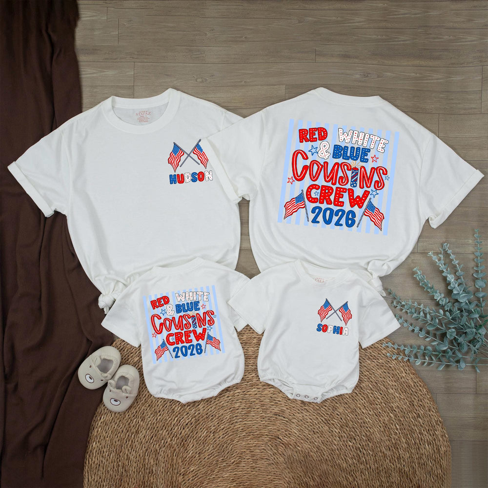 Personalized Red White and Blue Cousins Crew Shirt with American Flags Custom Name 4th of July Family Matching Tee USA Patriotic Outfit 2026
