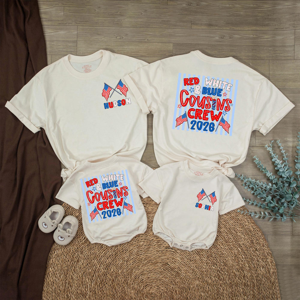 Personalized Red White and Blue Cousins Crew Shirt with American Flags Custom Name 4th of July Family Matching Tee USA Patriotic Outfit 2026
