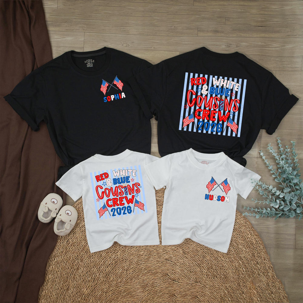 Personalized Red White and Blue Cousins Crew Shirt with American Flags Custom Name 4th of July Family Matching Tee USA Patriotic Outfit 2026
