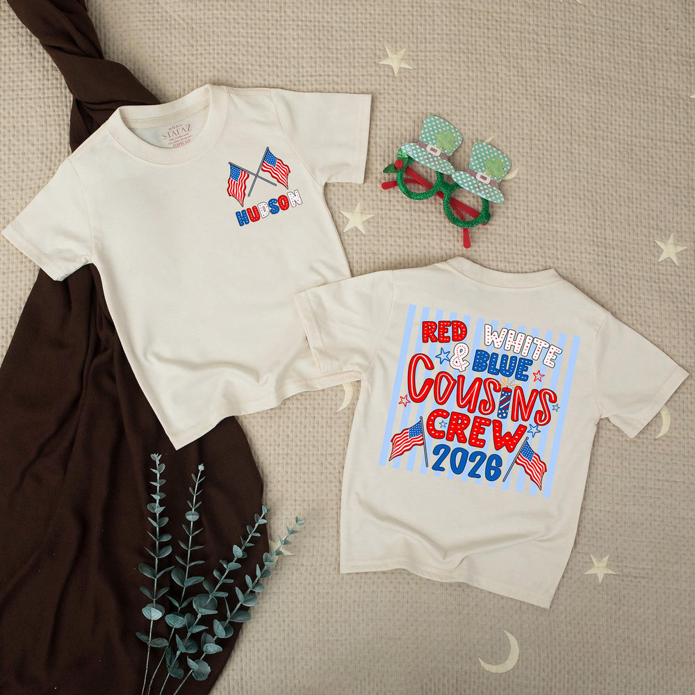 Personalized Red White and Blue Cousins Crew Shirt with American Flags Custom Name 4th of July Family Matching Tee USA Patriotic Outfit 2026