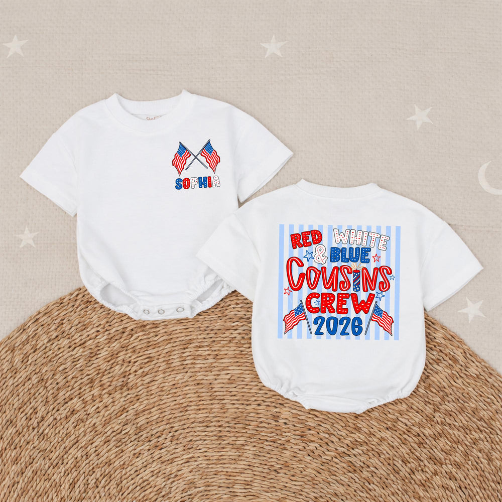 Personalized Red White and Blue Cousins Crew Shirt with American Flags Custom Name 4th of July Family Matching Tee USA Patriotic Outfit 2026