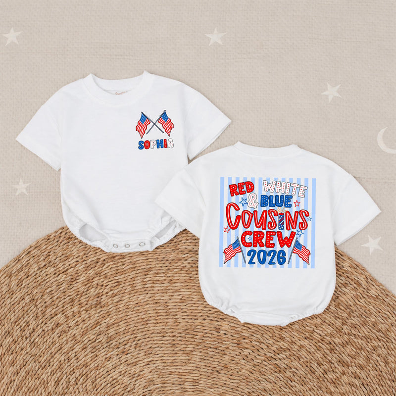 Personalized Red White and Blue Cousins Crew Shirt with American Flags Custom Name 4th of July Family Matching Tee USA Patriotic Outfit 2026