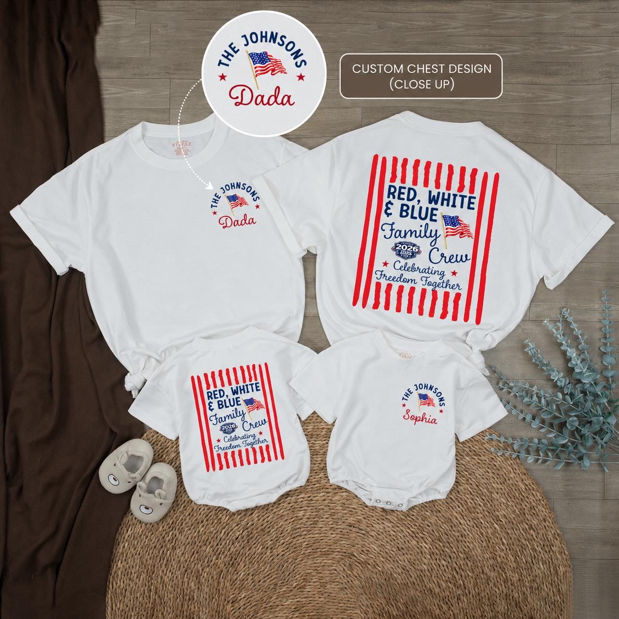 Personalized Red White and Blue Family Crew Shirts for 4th of July, Custom Patriotic Matching Outfits, Independence Day Celebration 2026