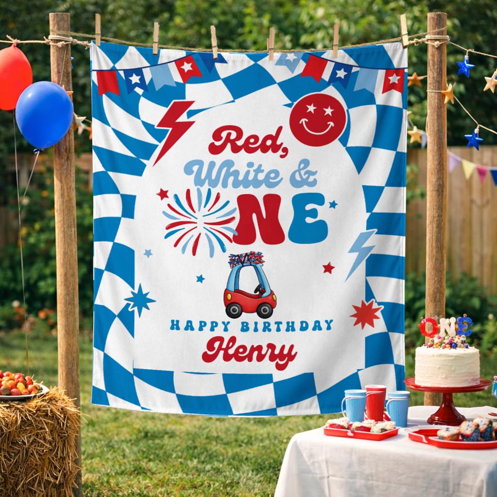 Personalized Red White First Birthday Silk Banner with Custom Name, Patriotic 4th of July Party Backdrop for Baby Boy Retro Celebration Decor