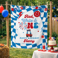 Personalized Red White First Birthday Silk Banner with Custom Name, Patriotic 4th of July Party Backdrop for Baby Boy Retro Celebration Decor