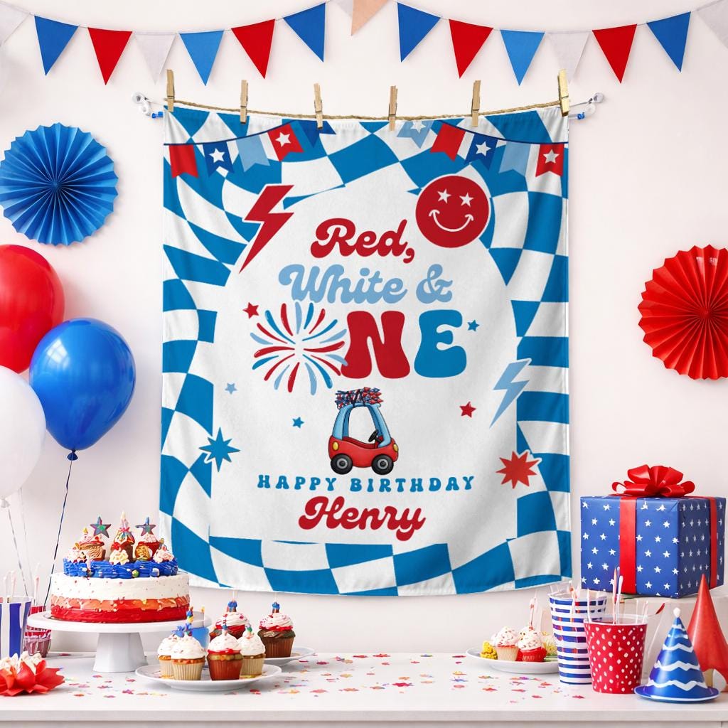 Personalized Red White First Birthday Silk Banner with Custom Name, Patriotic 4th of July Party Backdrop for Baby Boy Retro Celebration Decor