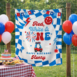 Personalized Red White First Birthday Silk Banner with Custom Name, Patriotic 4th of July Party Backdrop for Baby Boy Retro Celebration Decor